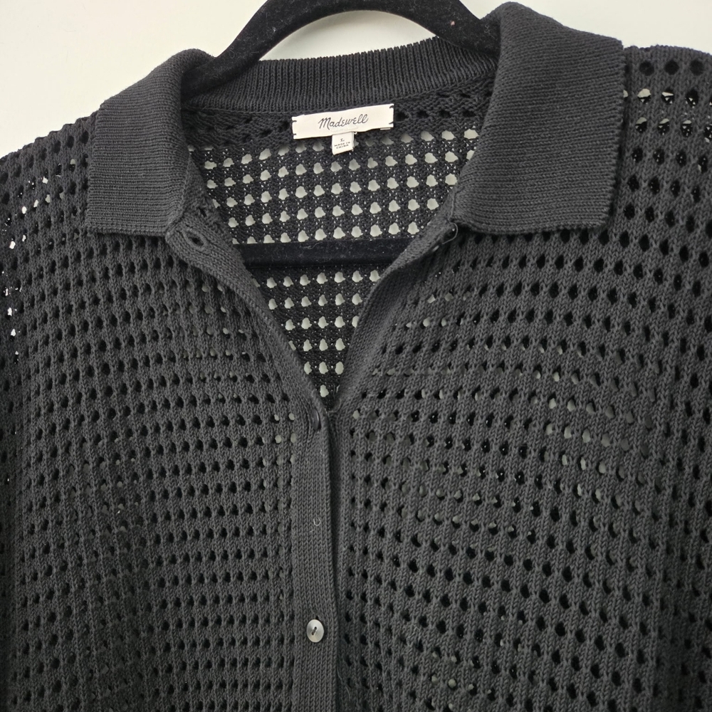 Madewell 100% Cotton Open-Stitch Polo Cardigan Sweater in Black. Size Large. - Picture 5 of 11